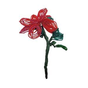 French Beaded Flower Hand Crafted Petals Red Green Split loopWired 4.5 In High